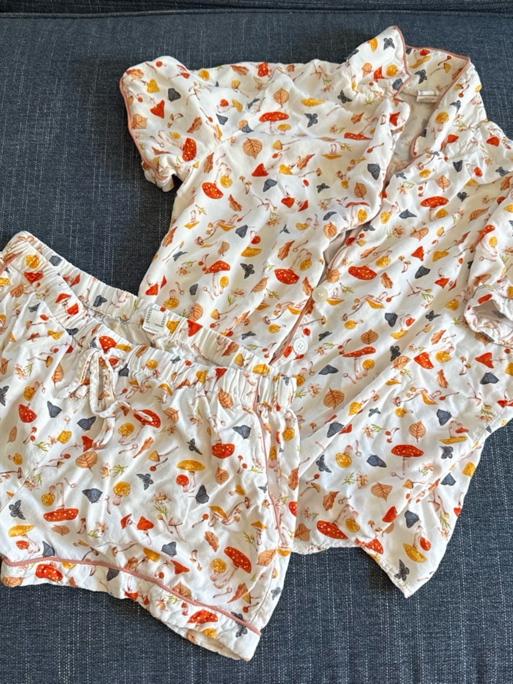 Whimsical Mushroom Print Pajama Set - White with Orange & Cream